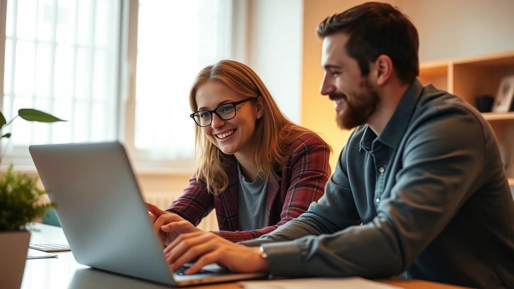 Two people collaborating on laptop, one pointing at screen explaining concept, warm lighting, genuine engagement and teaching moment captured