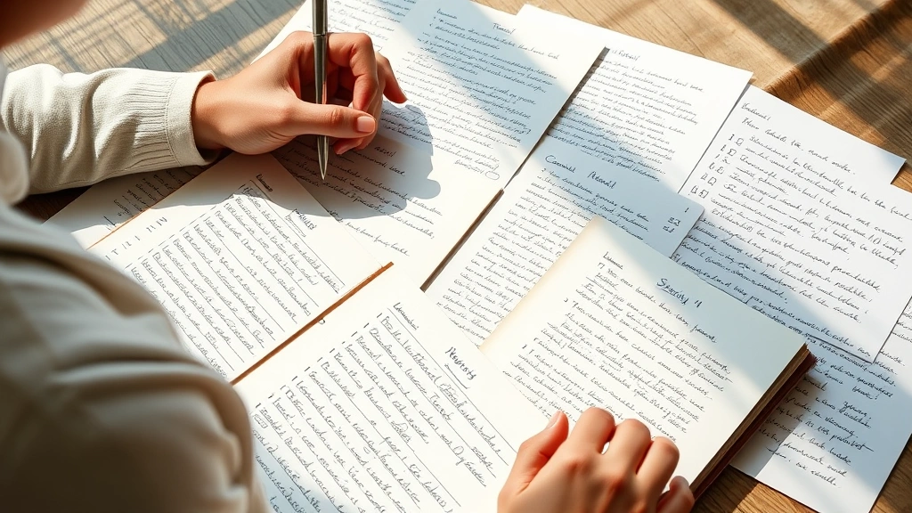 Individual reviewing handwritten notes and journal entries spread out, reflecting on progress, natural light, growth and self-assessment visible