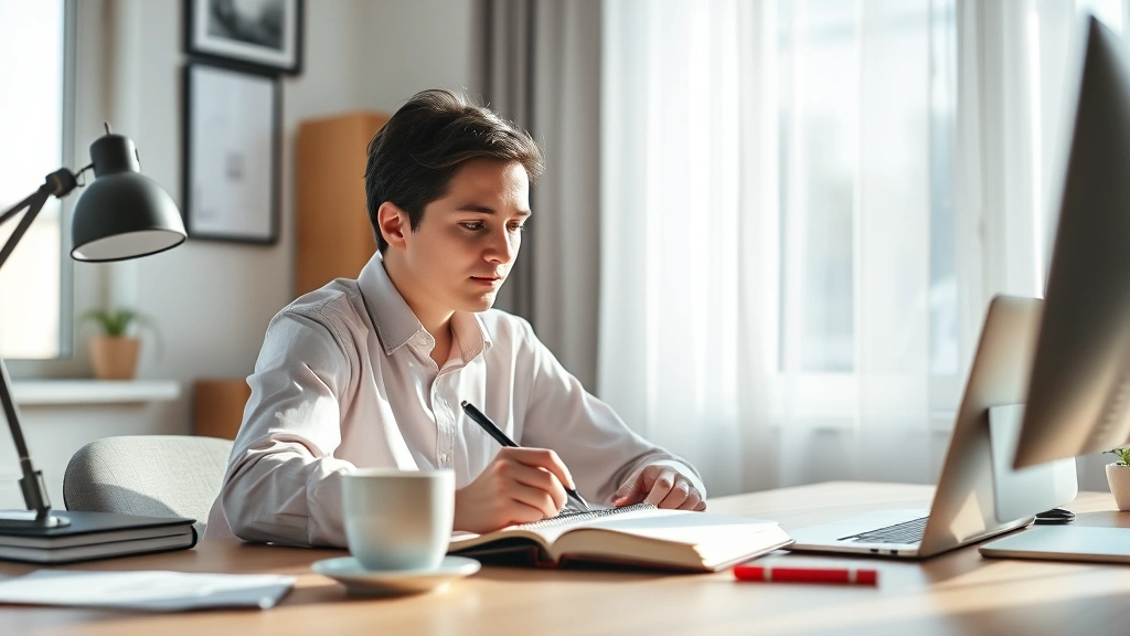 Person focused at desk with notebook and coffee, morning light, peaceful concentration, growth mindset energy, professional casual