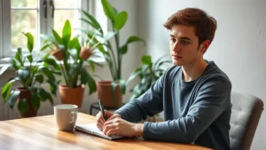 Person sitting at a desk with notebook and coffee, focused and calm, natural window light, plants in background, peaceful learning environment