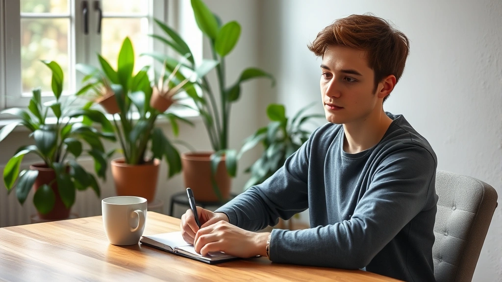 Person sitting at a desk with notebook and coffee, focused and calm, natural window light, plants in background, peaceful learning environment
