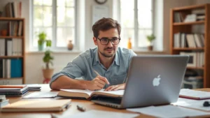 Person focused at desk with notebook and laptop, natural lighting, determined expression, learning materials spread out, growth-focused professional setting