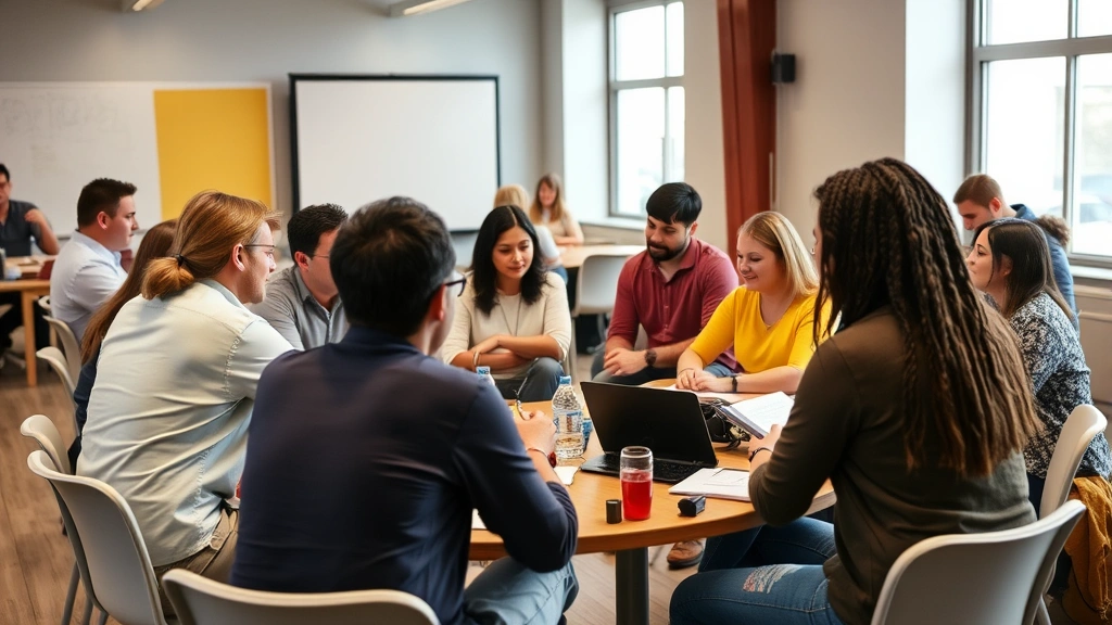 Diverse group practicing together in workshop setting, collaborative learning environment, engaged participants, mentor providing guidance, supportive atmosphere
