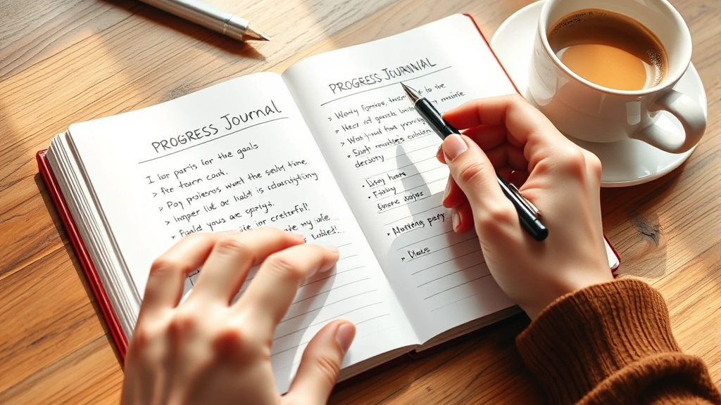 Close-up of hands holding a pen over a progress journal, showing handwritten goals and improvement tracking, with coffee cup nearby, warm natural light, learning environment