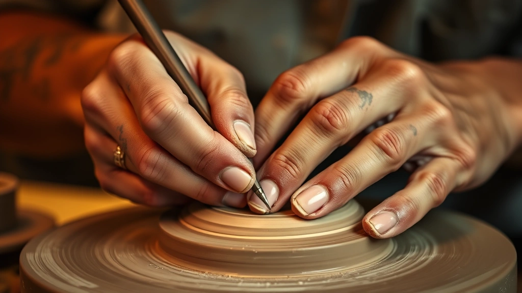 Close-up of hands doing a skill (pottery, writing, or similar), showing muscle memory and precision, warm lighting, detail-focused