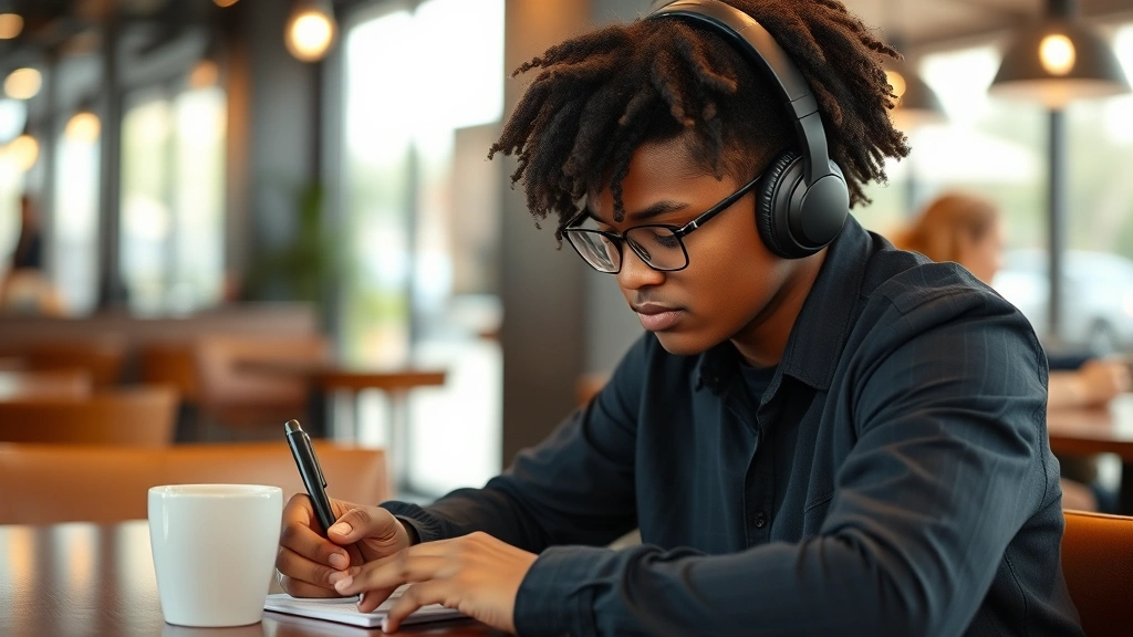 Young professional with headphones, taking notes while learning, coffee shop setting, genuine concentration, diverse representation