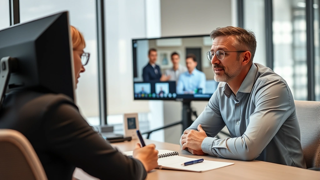 Professional reviewing video playback on a monitor with notes beside them, analyzing their performance with concentration and thoughtful expression, modern workspace, feedback evaluation