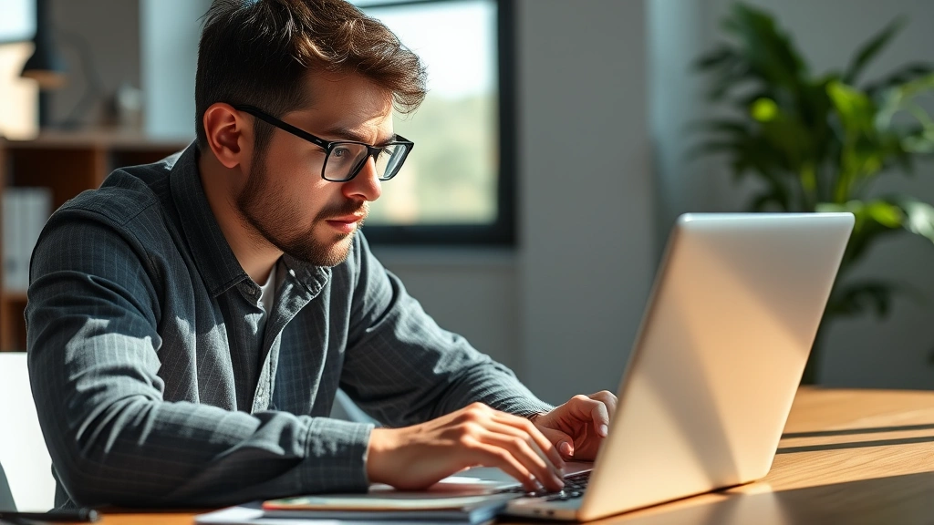 Professional adult focused intently on laptop, learning new skill with notepad nearby, natural office lighting, determined expression, growth mindset