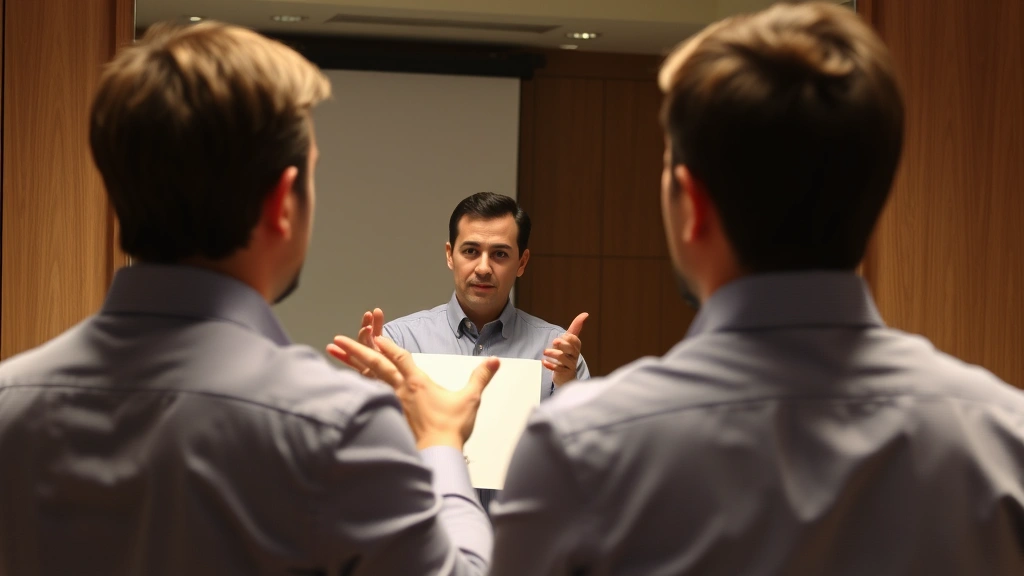 Person practicing presentation in front of mirror, reviewing own performance, practicing deliberate improvement, professional setting, concentrated posture