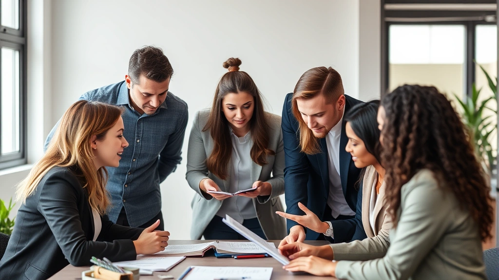 Diverse group of professionals collaborating and giving feedback to each other, supportive environment, learning together, growth-focused interaction