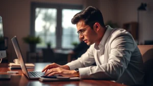 Person intensely focused at desk with laptop and notebook, warm lighting, determined expression, professional casual setting, mid-morning light through window