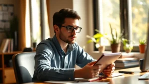 Person focused at desk with notebook and coffee, warm natural lighting, engaged learning posture, professional casual setting, growth mindset visible in expression