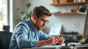 Person focused intently while practicing a skill at a desk, showing concentration and effort, natural lighting, professional but relatable setting