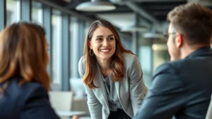 Professional woman in modern office leaning forward attentively during conversation with colleague, making genuine eye contact, warm and engaged expression, natural lighting