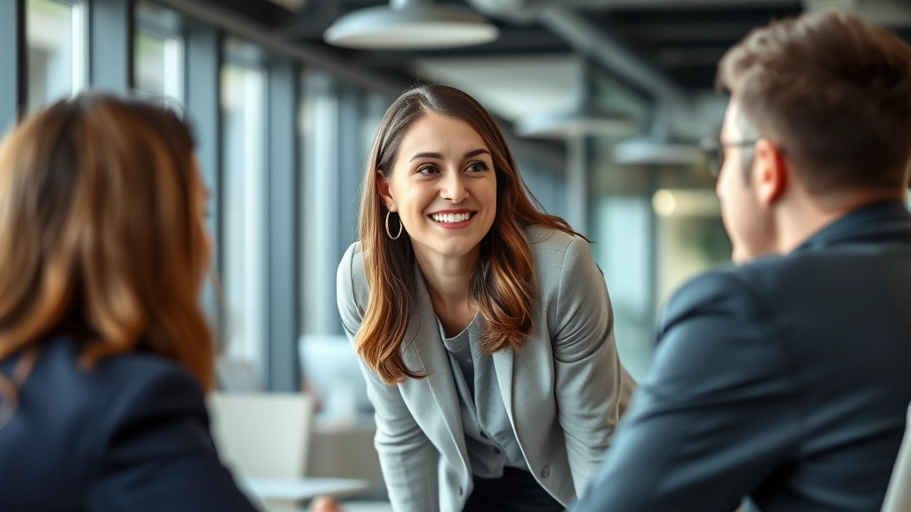 Professional woman in modern office leaning forward attentively during conversation with colleague, making genuine eye contact, warm and engaged expression, natural lighting