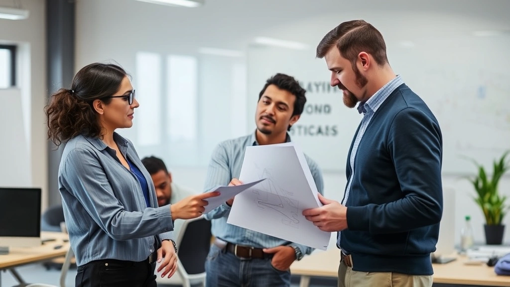 Two colleagues discussing work, one pointing at sketches, collaborative learning environment, constructive feedback moment, diverse team, real office setting