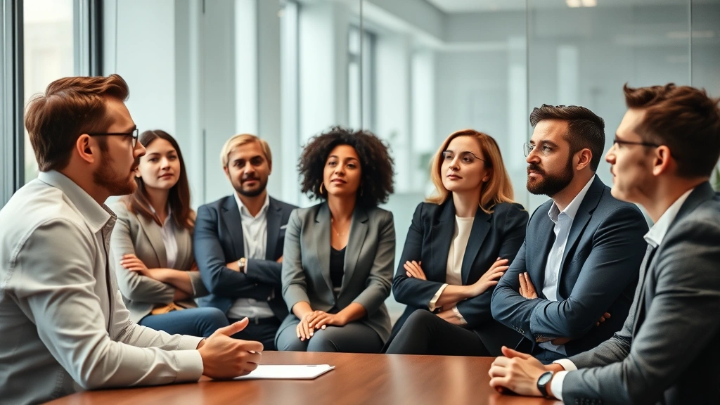 Diverse group of professionals in meeting room, one person speaking while others listen intently with focused body language and open postures, collaborative atmosphere