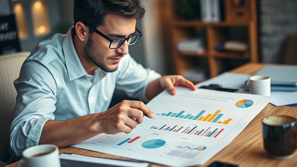 Individual reviewing notes and progress charts on paper, thoughtful expression, coffee nearby, organized workspace, warm ambient lighting, moment of reflection