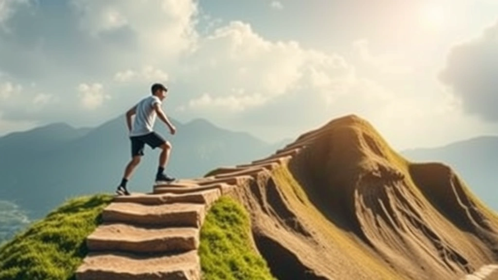 Individual climbing upward on abstract path with different elevation levels, representing skill progression and overcoming plateaus, motivational but realistic, natural outdoor lighting