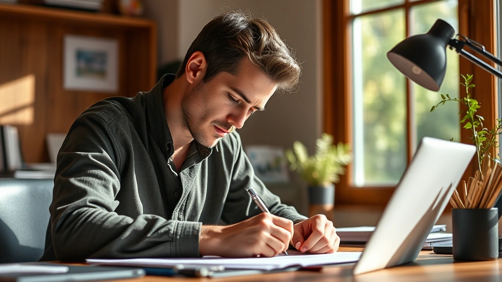 Person intently focused at a desk, writing or sketching with visible concentration, natural lighting from window, warm professional workspace