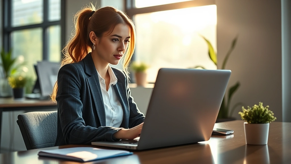 Professional woman intently focused on her laptop, taking detailed notes, morning light streaming through office window, growth mindset energy, genuine concentration