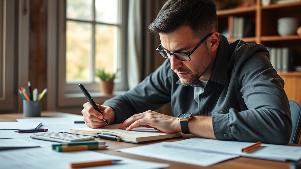 Professional person intensely focused at wooden desk, practicing skill with notebook and learning materials spread out, natural window lighting, concentrated expression, growth mindset visible