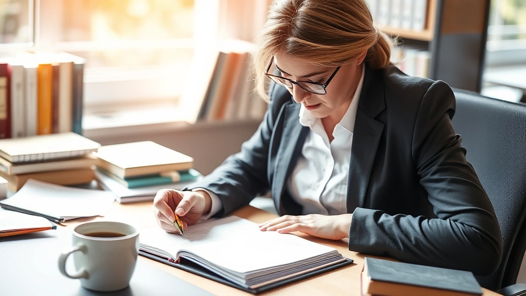 A professional person writing notes in a journal at a desk with natural light, looking focused and reflective, surrounded by learning materials and a cup of coffee