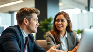 Two professionals in an office setting, one leaning forward attentively while the other speaks, natural eye contact, warm lighting, genuine engagement captured in their expressions