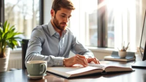 Person focused at desk with notebook and coffee, morning light streaming through window, professional but relaxed atmosphere, learning journal visible