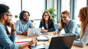 Professional in collaborative workspace discussing ideas with colleagues around table with laptops and notebooks, bright natural lighting, diverse team environment, smiling and engaged