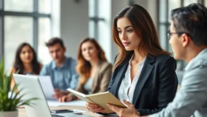 Professional woman in modern office taking notes during collaborative work session, natural lighting, focused and engaged expression, diverse team in soft focus background