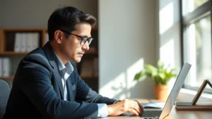Professional adult focused intently on a laptop during a learning session, natural office lighting, growth mindset evident in posture and expression