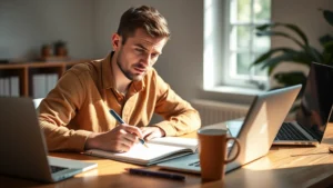 Person focused at desk with notebook and laptop, warm natural lighting, coffee cup nearby, concentrated expression showing active learning and deep work