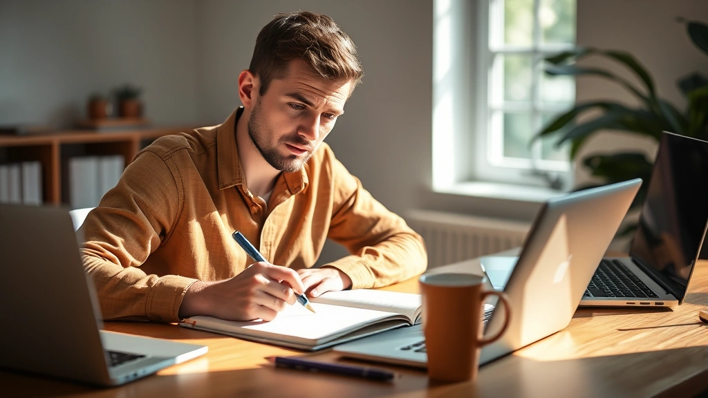 Person focused at desk with notebook and laptop, warm natural lighting, coffee cup nearby, concentrated expression showing active learning and deep work