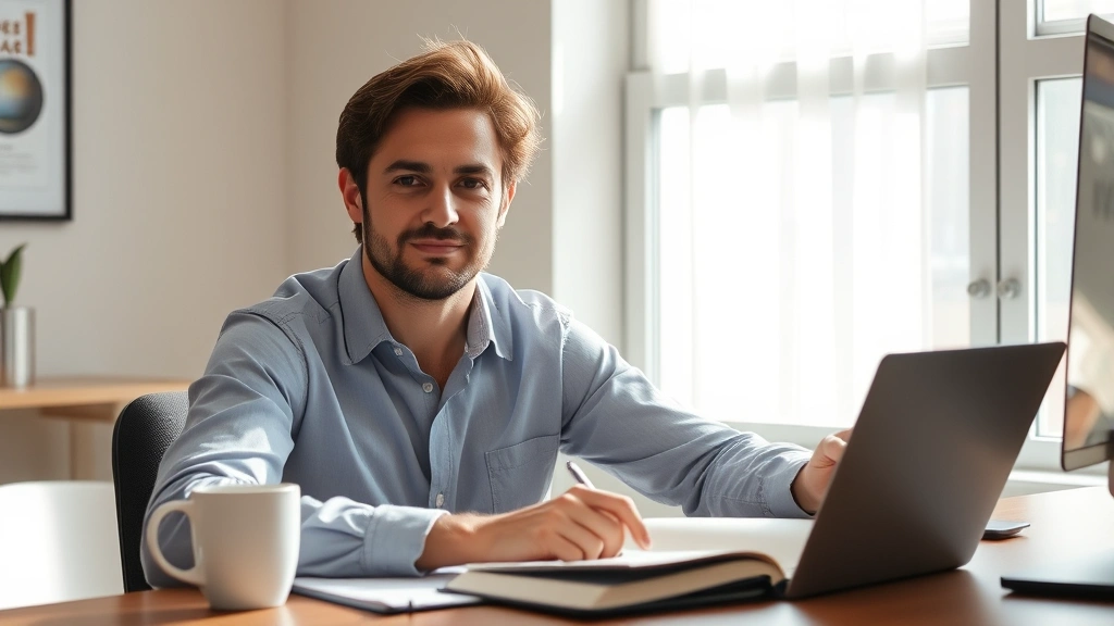 Person sitting at desk with morning coffee and open notebook, sunlight streaming through window, focused and calm expression, professional workspace setup