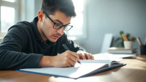 A person concentrating intently at a desk with notebook and pen, morning light streaming in, mid-practice session, focused expression, realistic photography