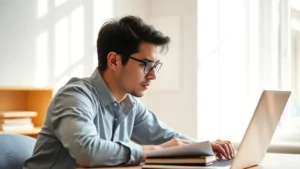 Professional adult focused intently at a desk with laptop and notebook, morning light streaming through window, determined yet calm expression, minimal desk setup suggesting focused learning environment