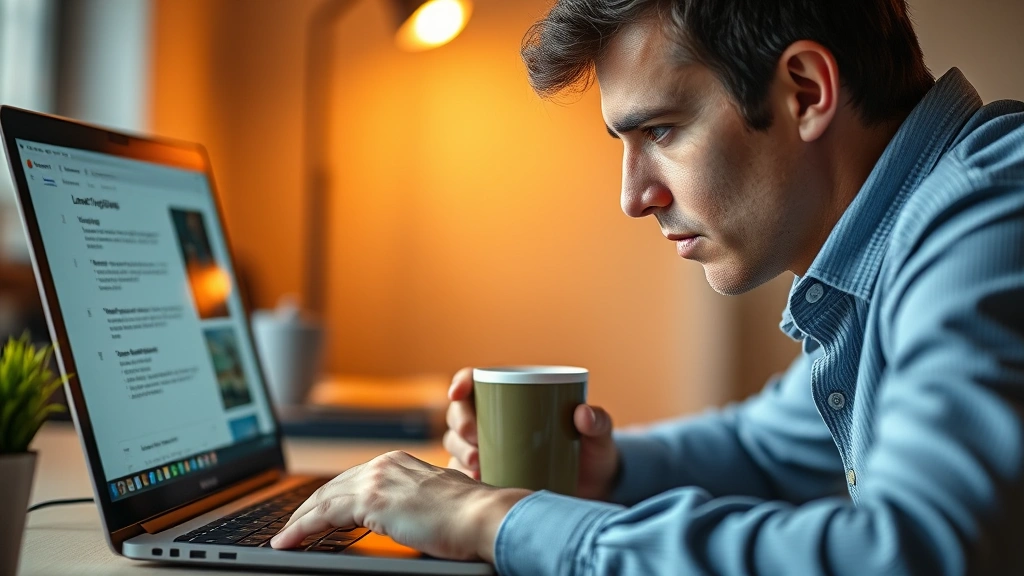 Person intensely focused on laptop screen with coffee cup, warm lighting, showing concentrated learning and skill practice in progress