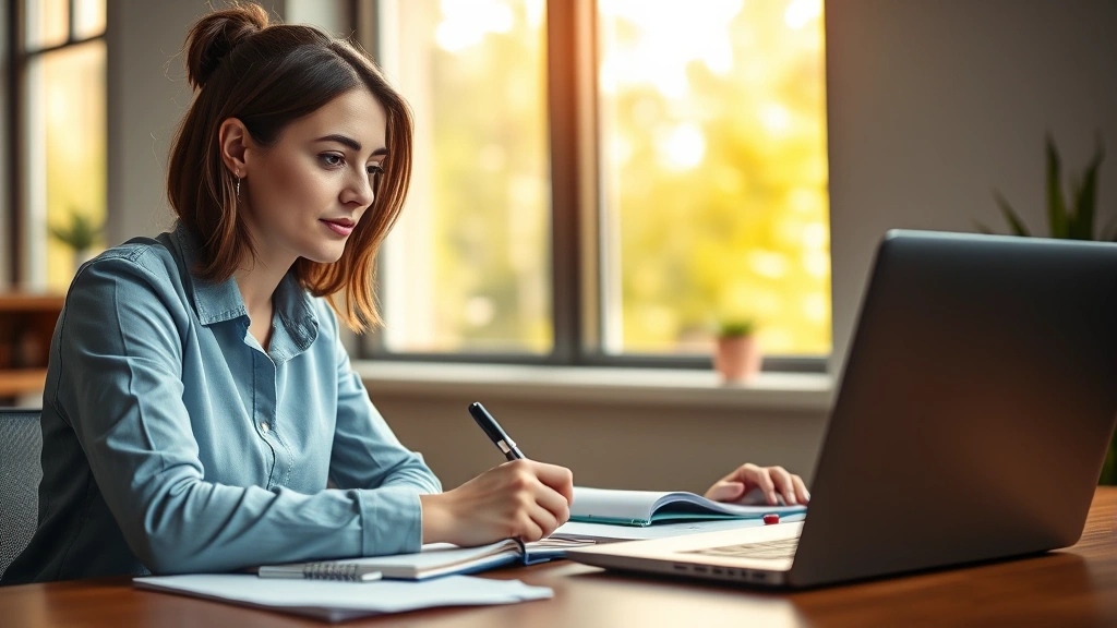 Professional woman studying at desk with notebook and laptop, focused expression, warm office lighting, natural daylight from window, growth and learning atmosphere