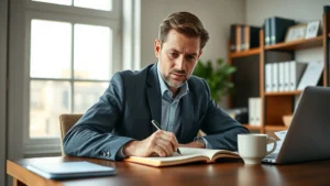 Professional adult working intently at wooden desk with notebook and coffee, focused expression, natural window light, organized workspace, no visible text or screens