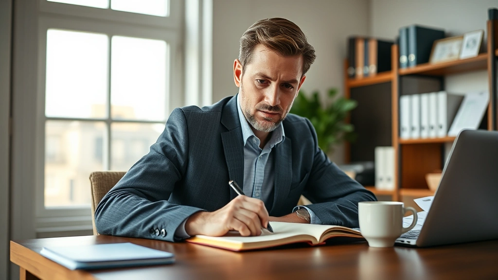 Professional adult working intently at wooden desk with notebook and coffee, focused expression, natural window light, organized workspace, no visible text or screens