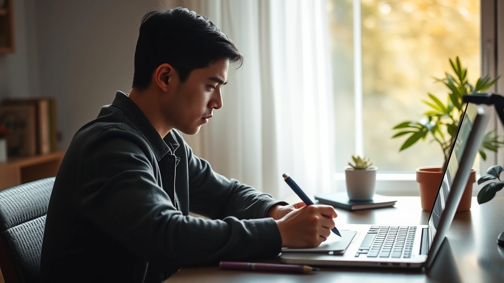 Person focused intently at desk with notebook and laptop, morning natural light, growth mindset expression, learning in progress