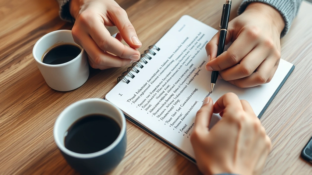Close-up of hands writing feedback notes on a notebook next to a coffee cup, mentoring moment, constructive learning environment, natural desk workspace