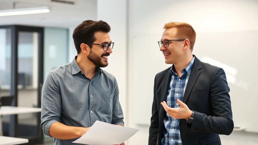 Two colleagues having a thoughtful conversation in a modern office space, one gesturing while explaining something, both engaged and smiling, with a whiteboard visible in background