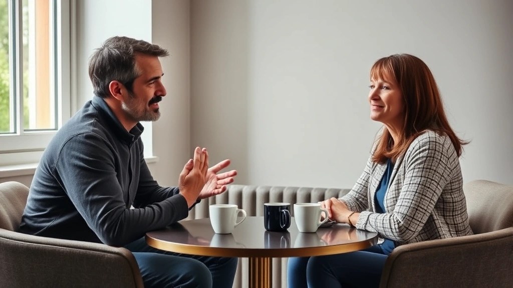 Person sitting across from another with open body language, nodding thoughtfully, coffee cups on table between them, soft natural window light, authentic conversation moment