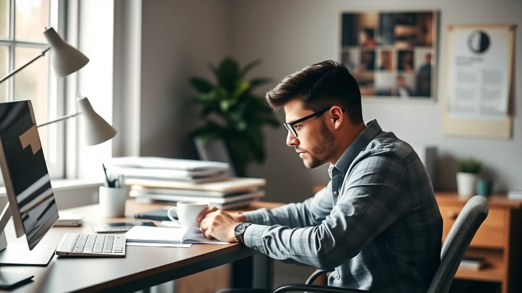 Person at desk looking focused and determined mid-project with coffee, natural window light from side, professional comfortable workspace, showing concentration and engagement