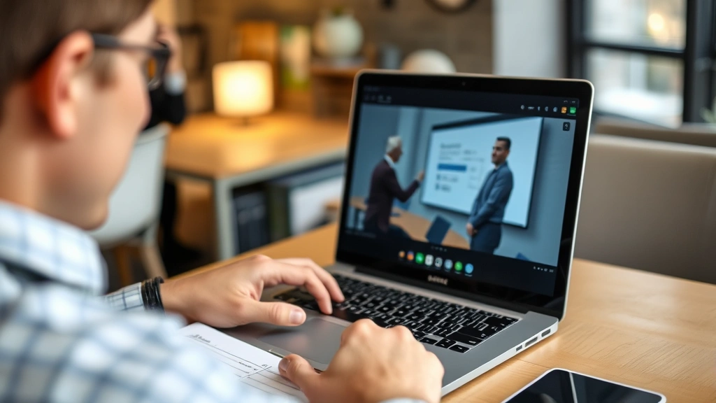 Person reviewing video recording of presentation on laptop, thoughtful expression, notebook with feedback notes visible, warm office environment, learning in progress