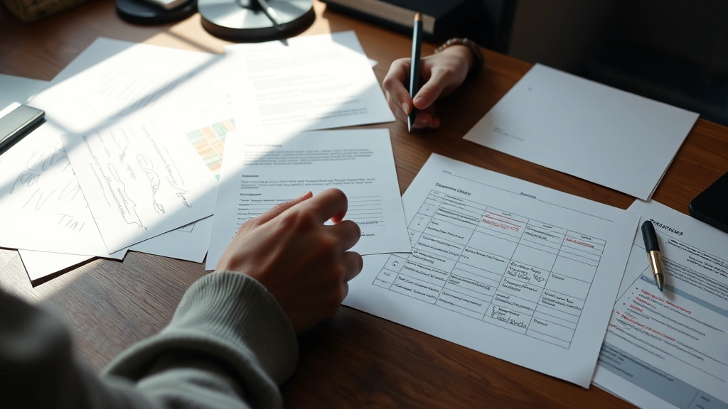 Person reviewing handwritten notes and progress tracking sheets spread across a desk, morning light, showing tangible evidence of learning journey