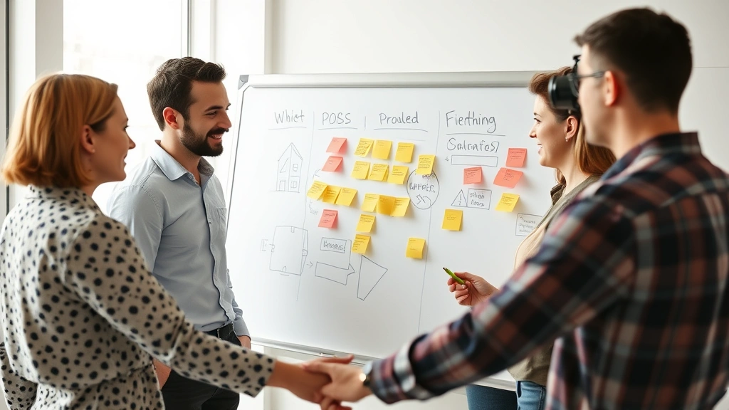 Diverse group collaborating on a project with sticky notes and sketches on whiteboard, genuine interaction and feedback moment, bright modern workspace