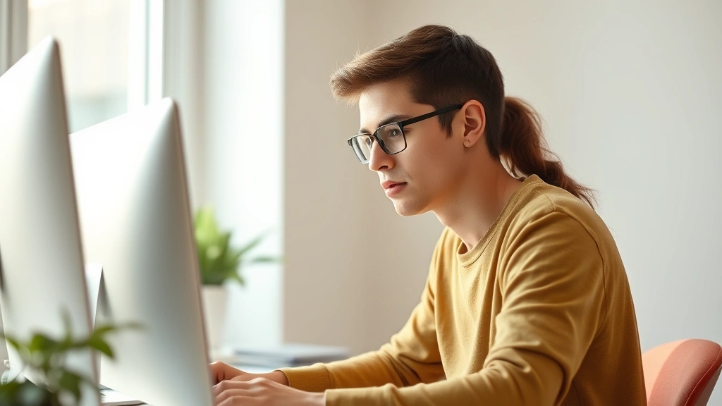 Young professional practicing skill at computer, showing determination and concentration, natural lighting, casual but engaged posture, growth mindset body language